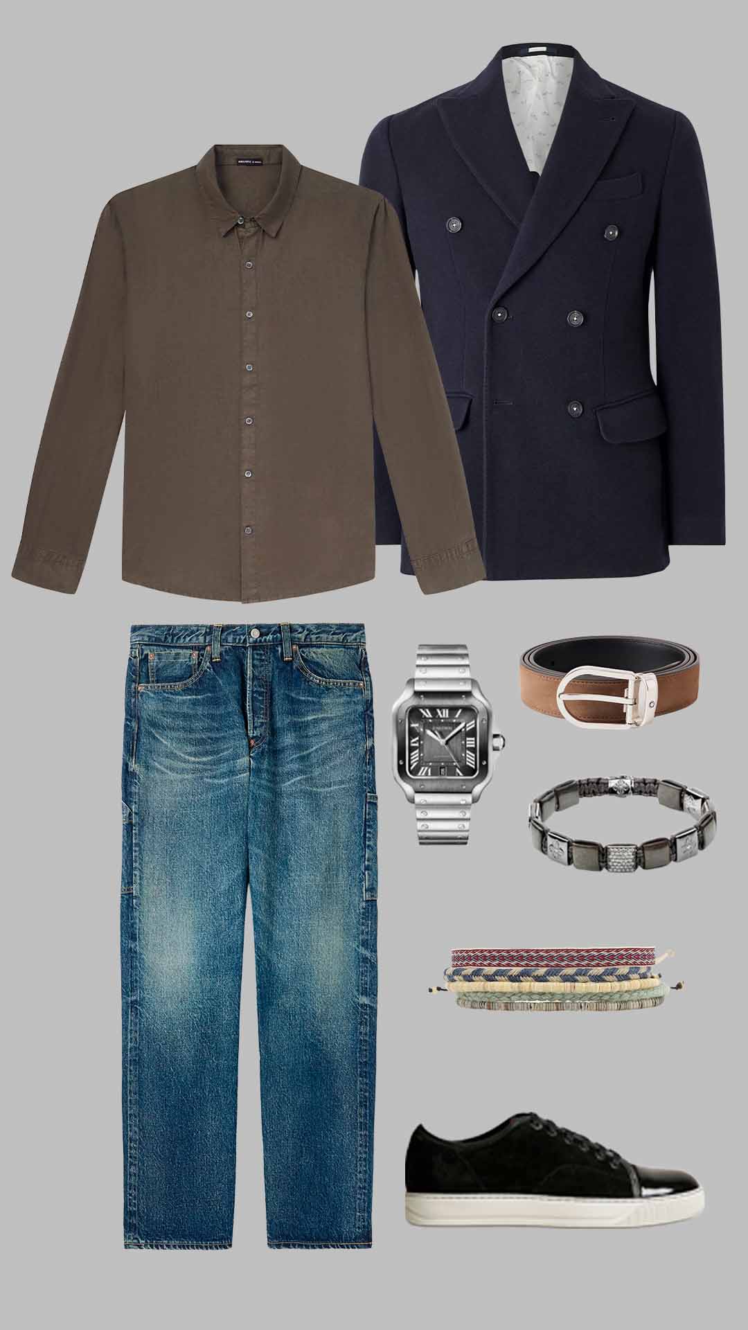 Old money outfit for men with brown shirt, navy double-breasted blazer, blue jeans and black sneakers
