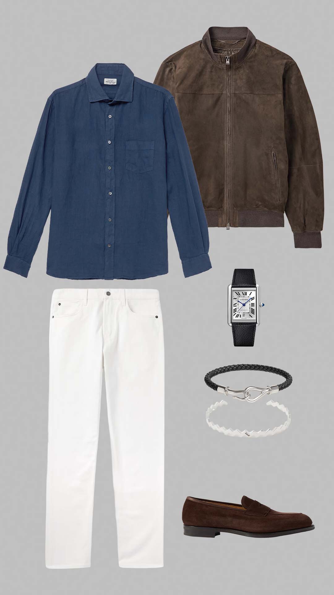 Old money outfit for men with navy linen shirt, brown suede jacket, white trousers and brown loafers