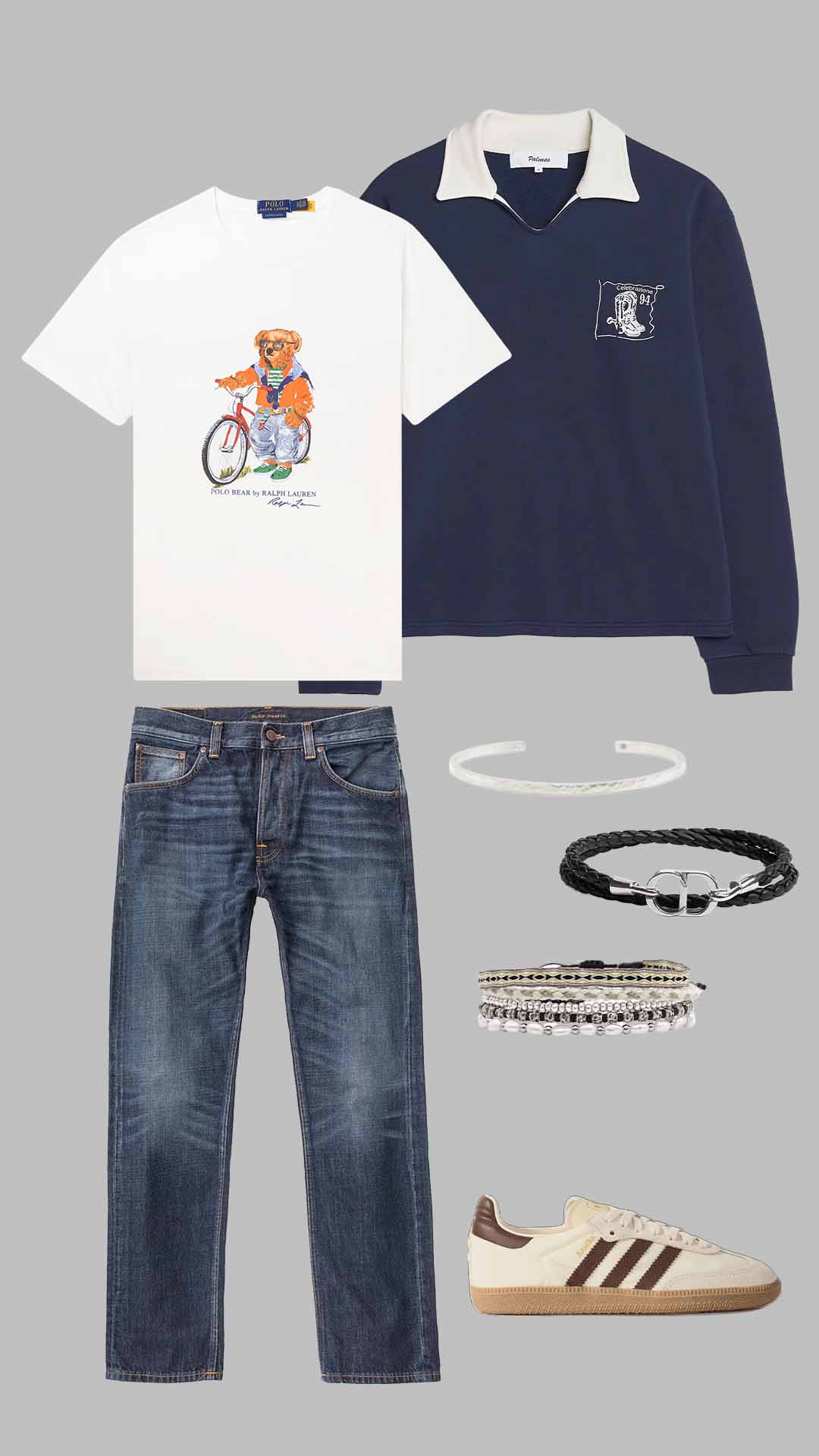 Old money outfit for men with navy rugby shirt, Polo Bear t-shirt, blue jeans and Adidas sneakers.