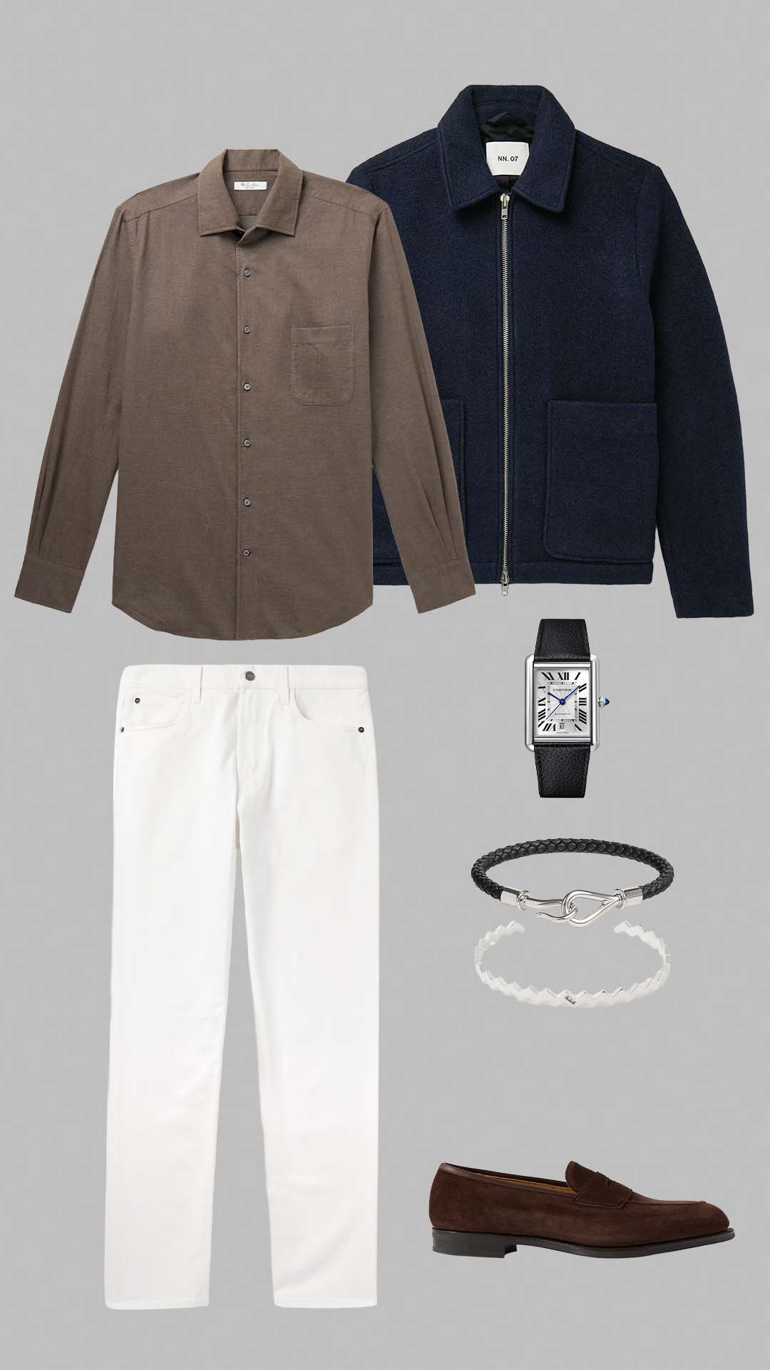 Old money outfit for men with navy wool jacket, brown shirt, white trousers and brown suede loafers