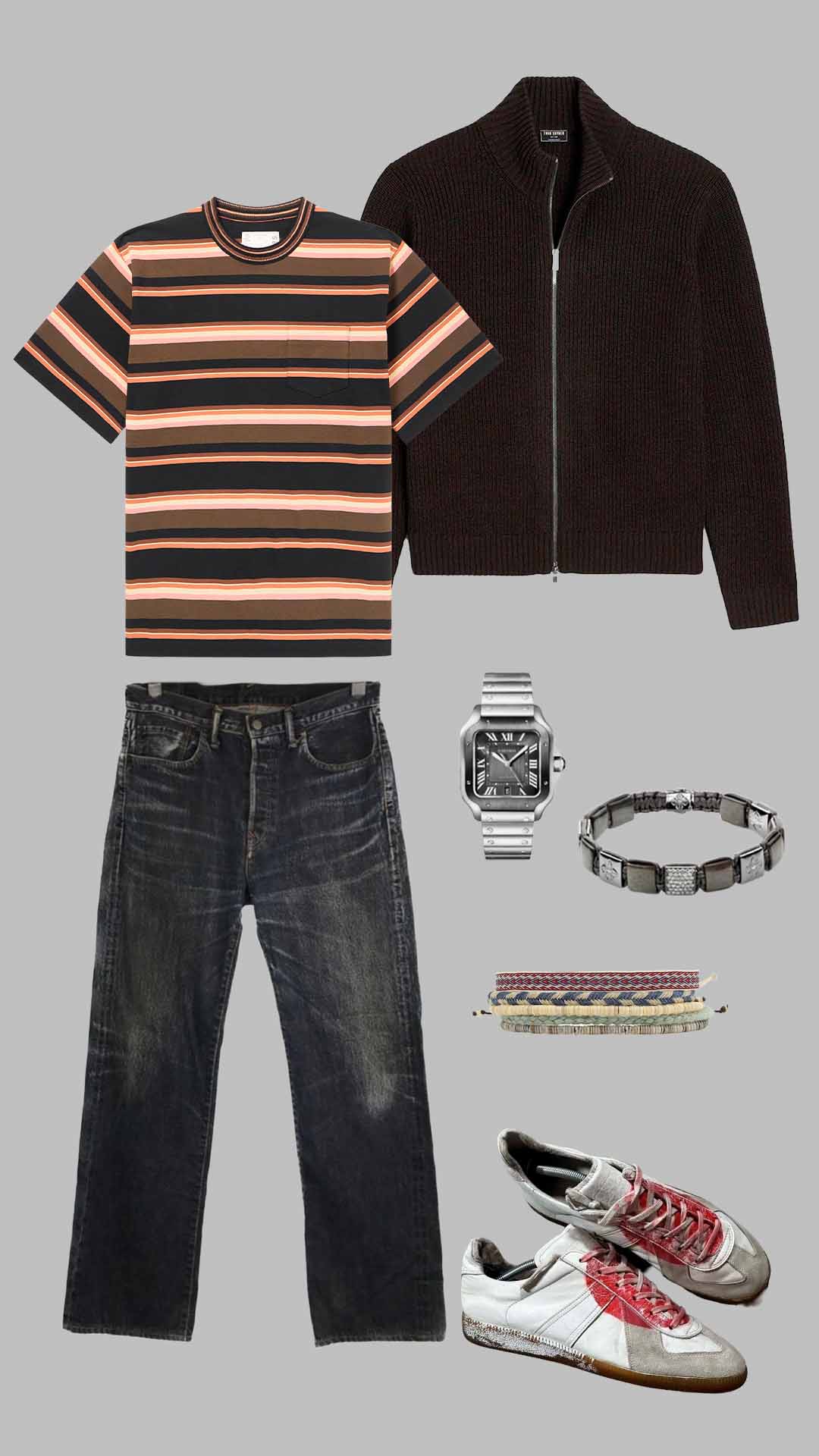 scandinavian vintage outfit for men with faded denim jeans striped t shirt and knit zip sweater