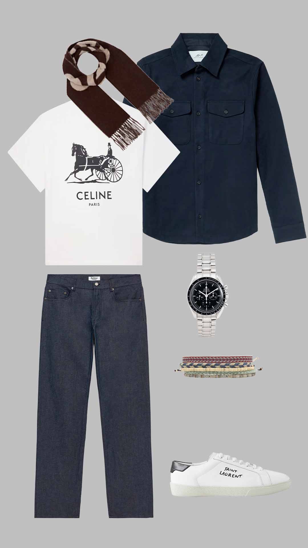 vintage scandinavian outfit for men with dark denim jeans celine t shirt and navy overshirt