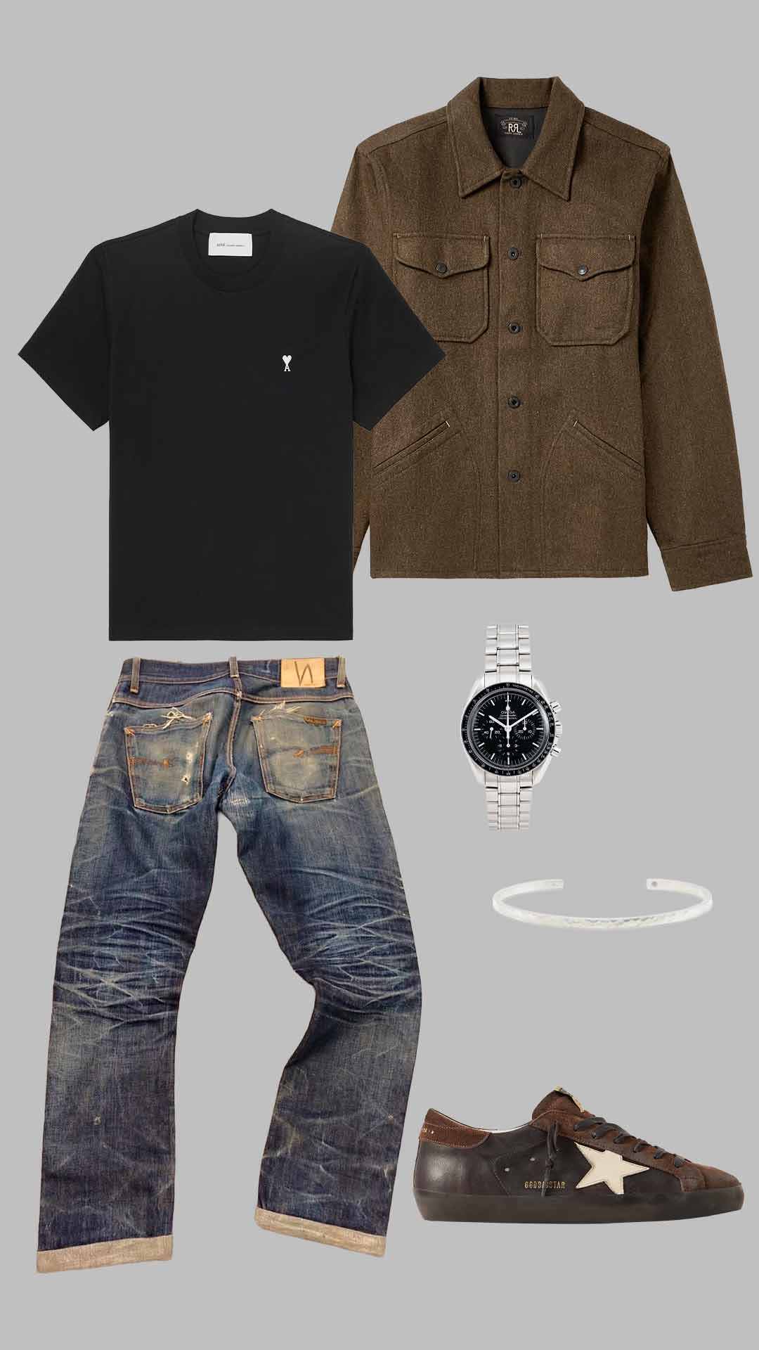 stockholm style outfit for men with vintage denim jeans black t shirt and brown wool overshirt