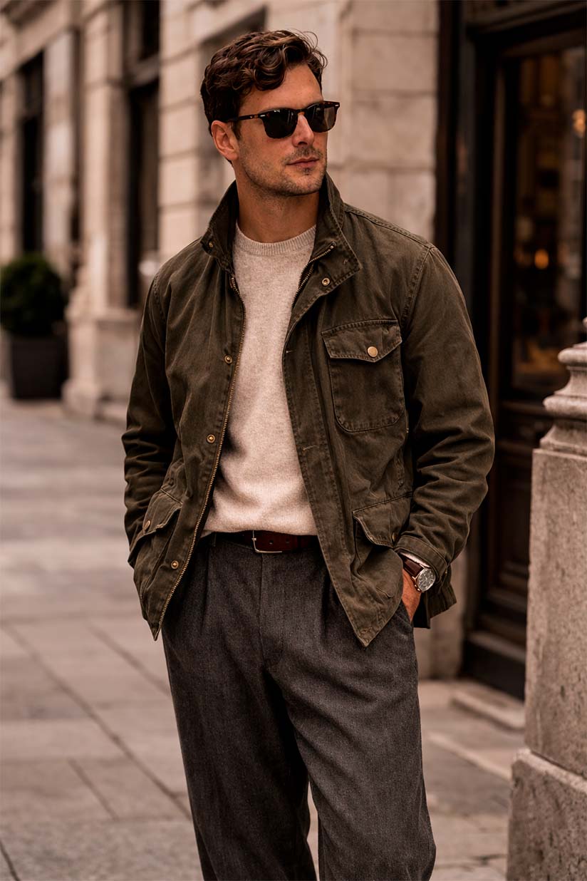 olive field jacket outfit for men with textured knitwear and dark wool trousers