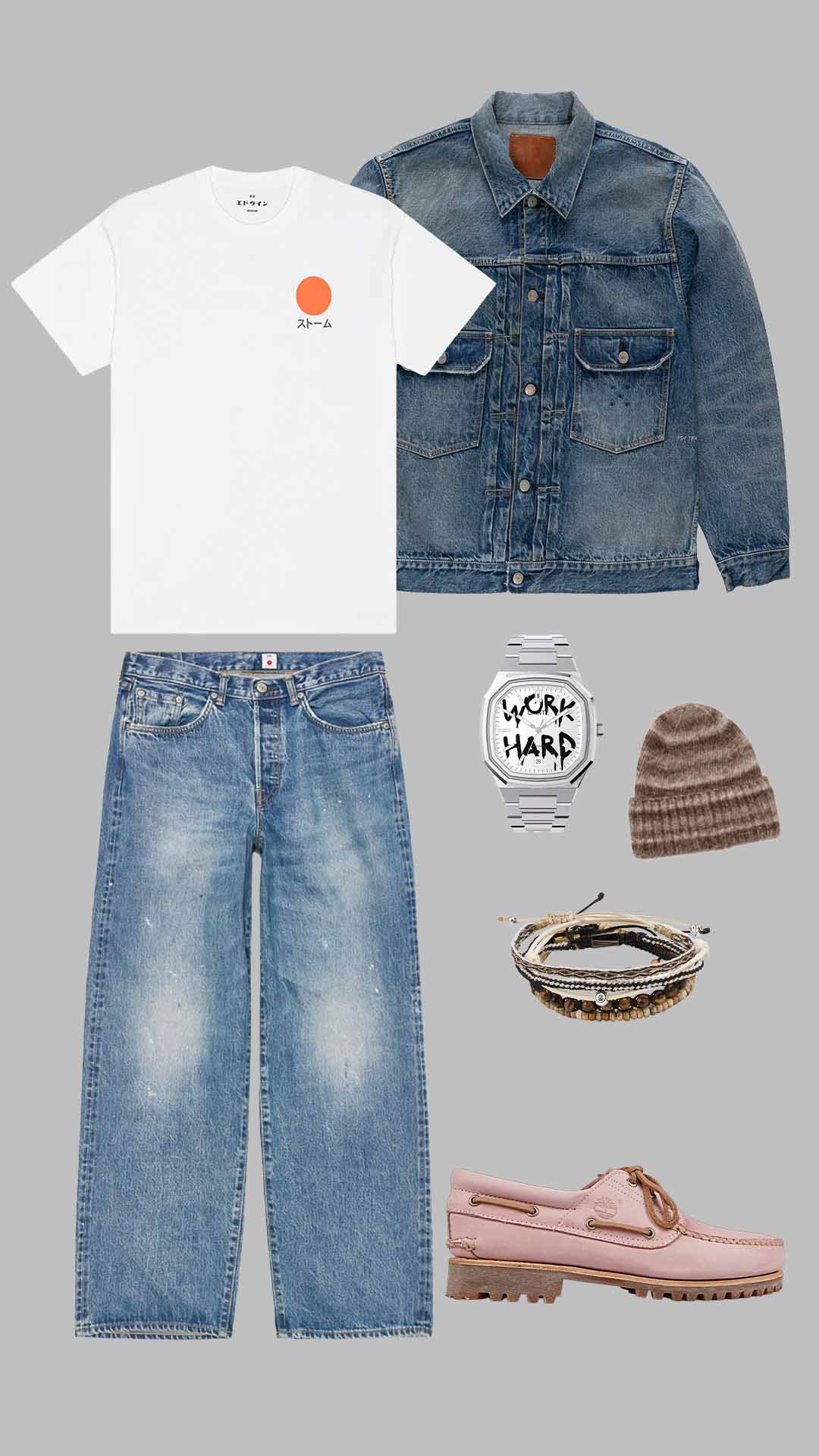 streetwear outfit for men with denim jacket, graphic t shirt, relaxed blue jeans and pink boat shoes