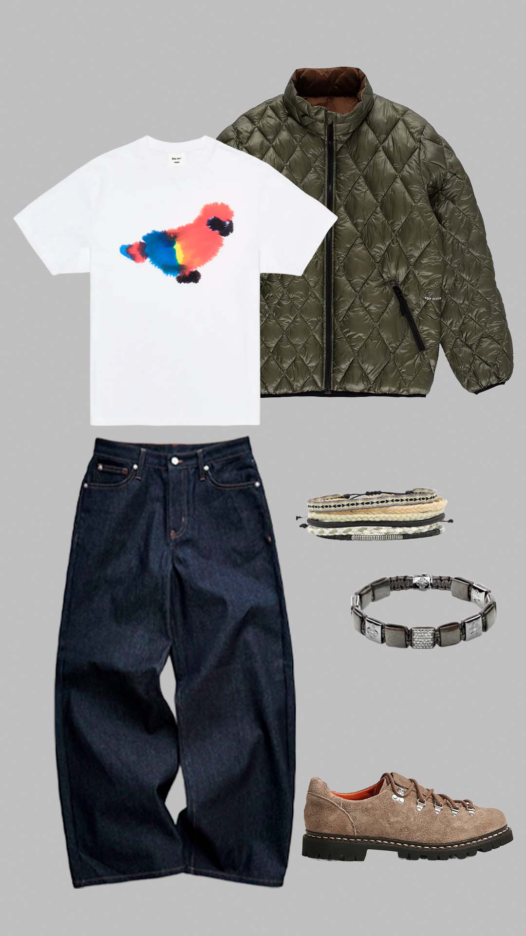 streetwear outfit for men with quilted jacket, graphic t shirt, baggy denim jeans and brown suede Paraboots