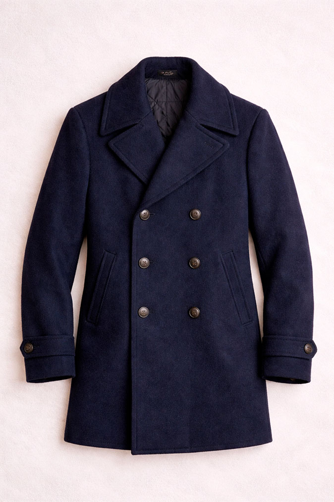 navy peacoat for men laid flat on a light textured background with double breasted design and wool fabric