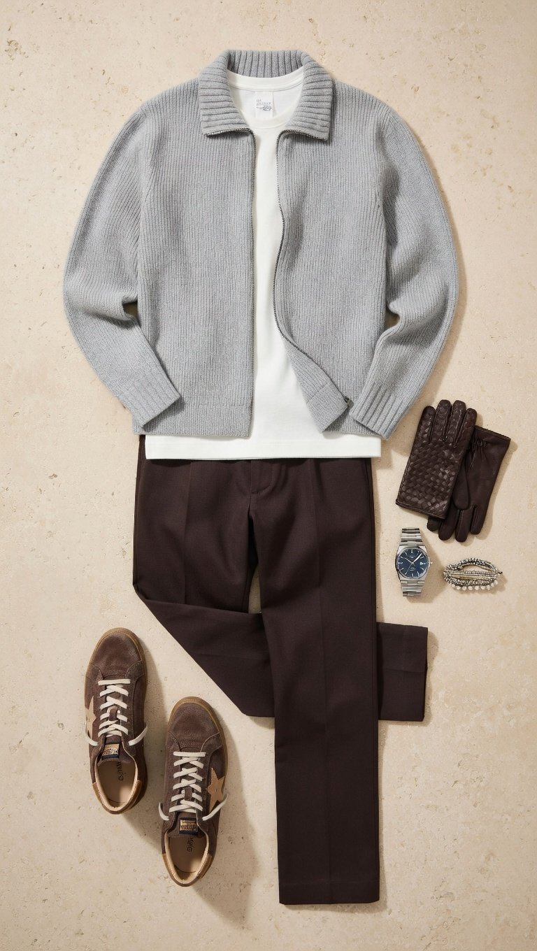 Old money spring outfit for men with white t-shirt, grey zip knit, brown trousers, brown gloves and suede sneakers