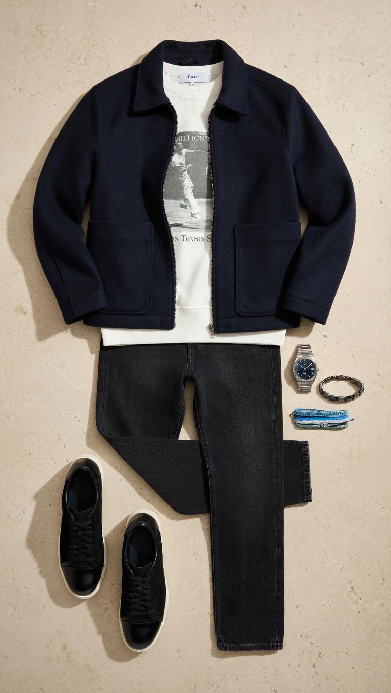 Old money winter outfit for men with white sweatshirt, navy wool jacket, black jeans and black sneakers
