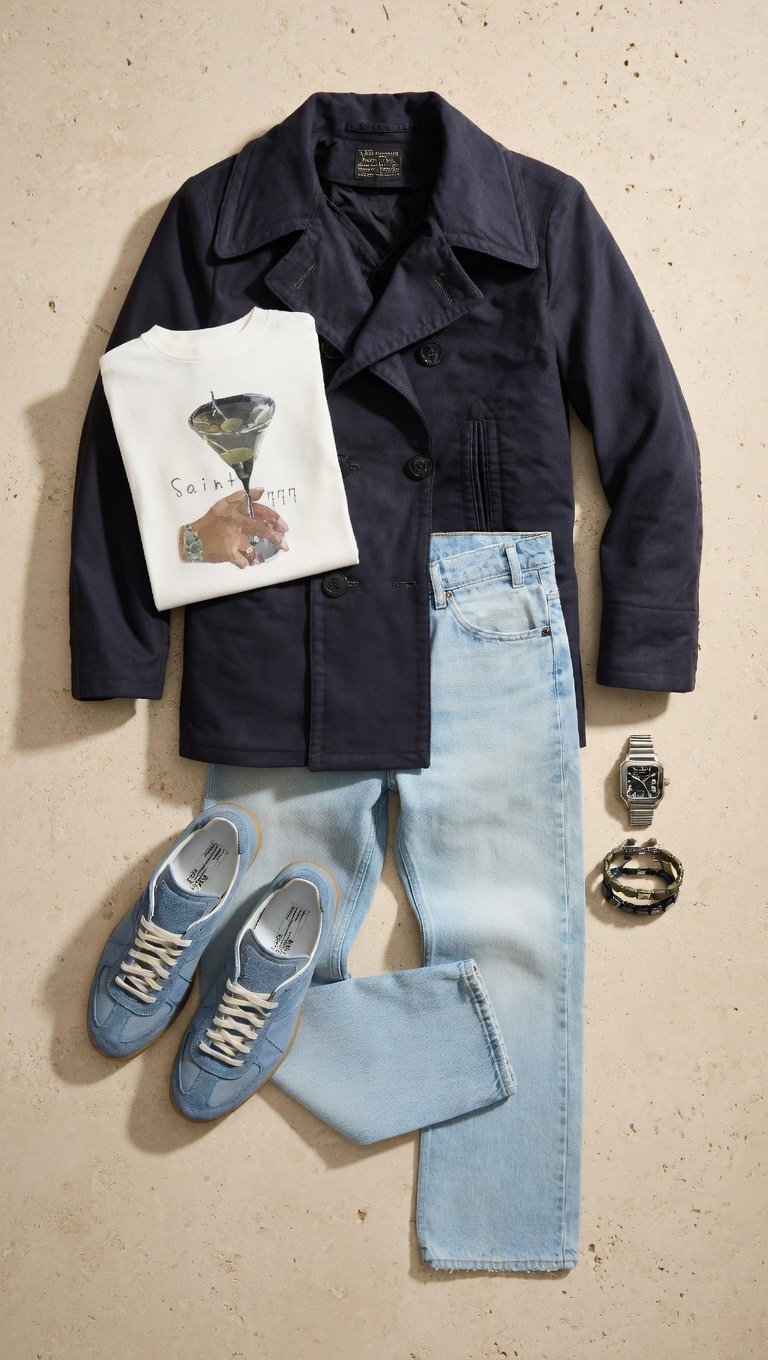 vintage scandinavian outfit for men with light wash denim jeans graphic t shirt and dark coat