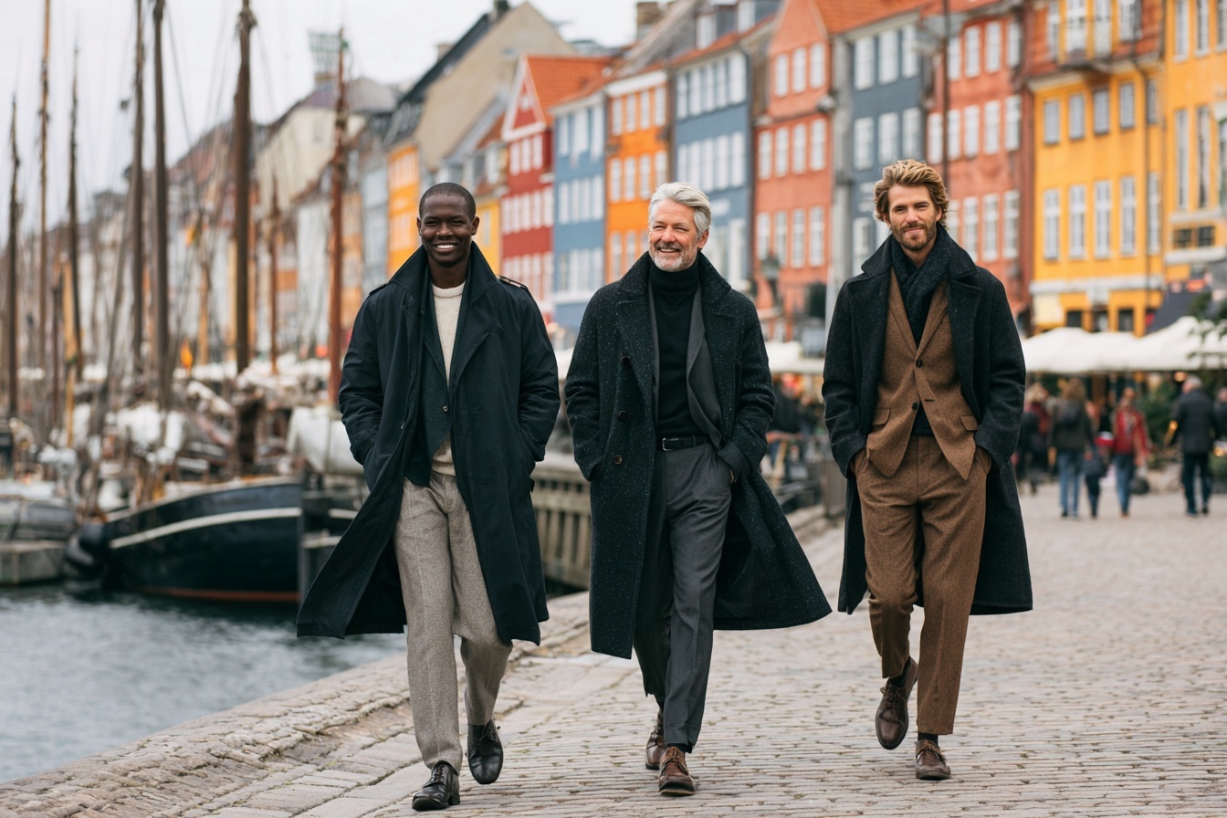 Three men walking through Copenhagen wearing tailored overcoats, knitwear, and refined Scandinavian-inspired outfits.
