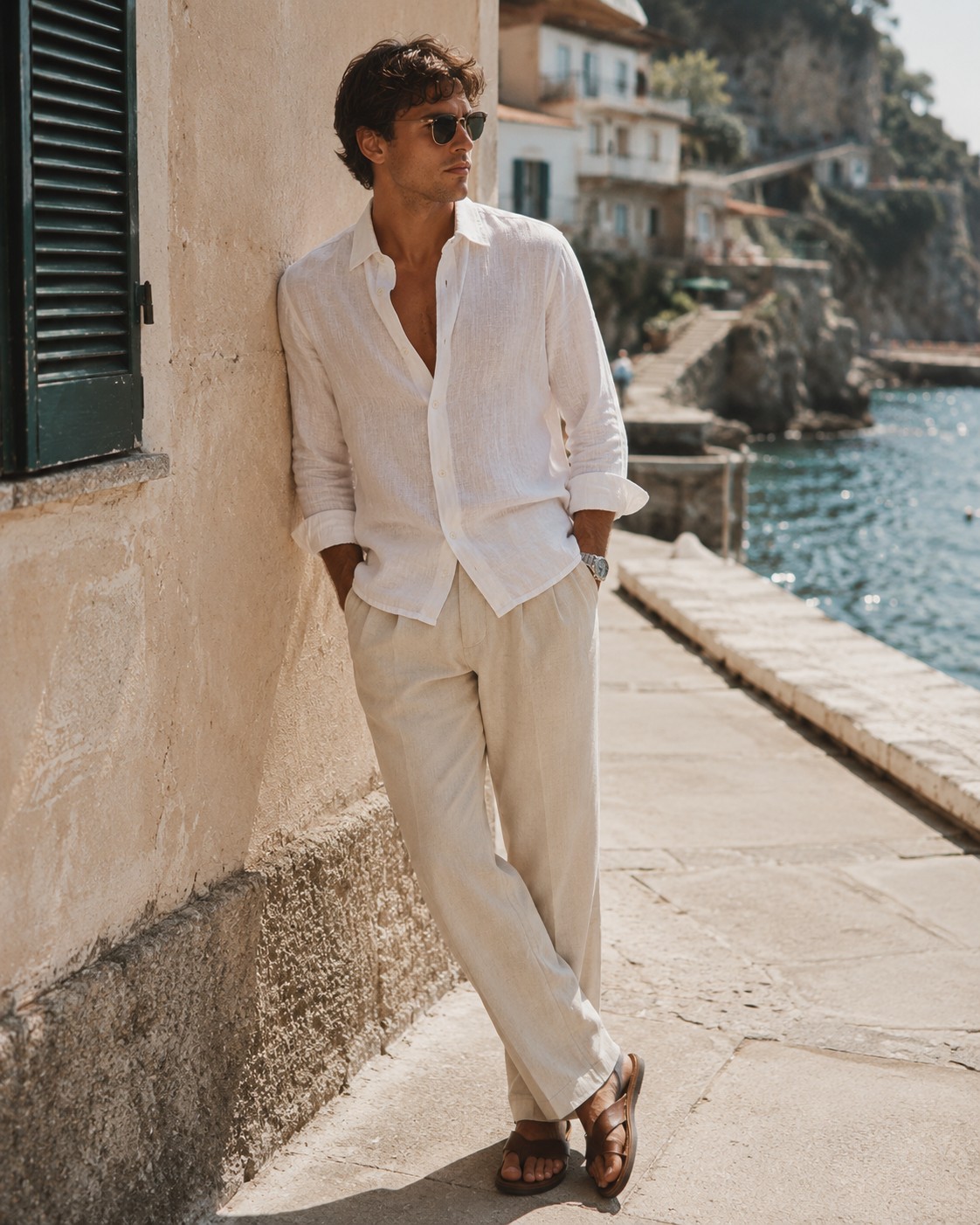 Man wearing a white linen shirt, beige linen trousers, and brown leather sandals on a coastal European street.