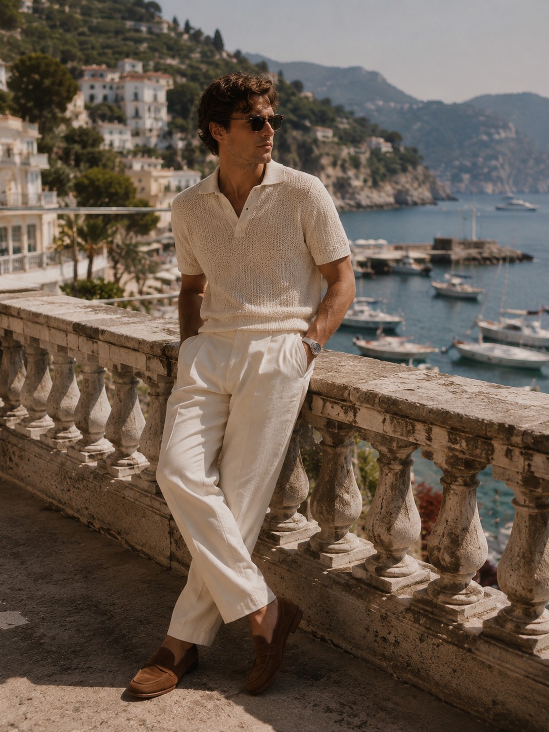 Man wearing a cream knit polo shirt, white tailored trousers, and brown loafers overlooking a Mediterranean coastline in an elegant summer outfit.