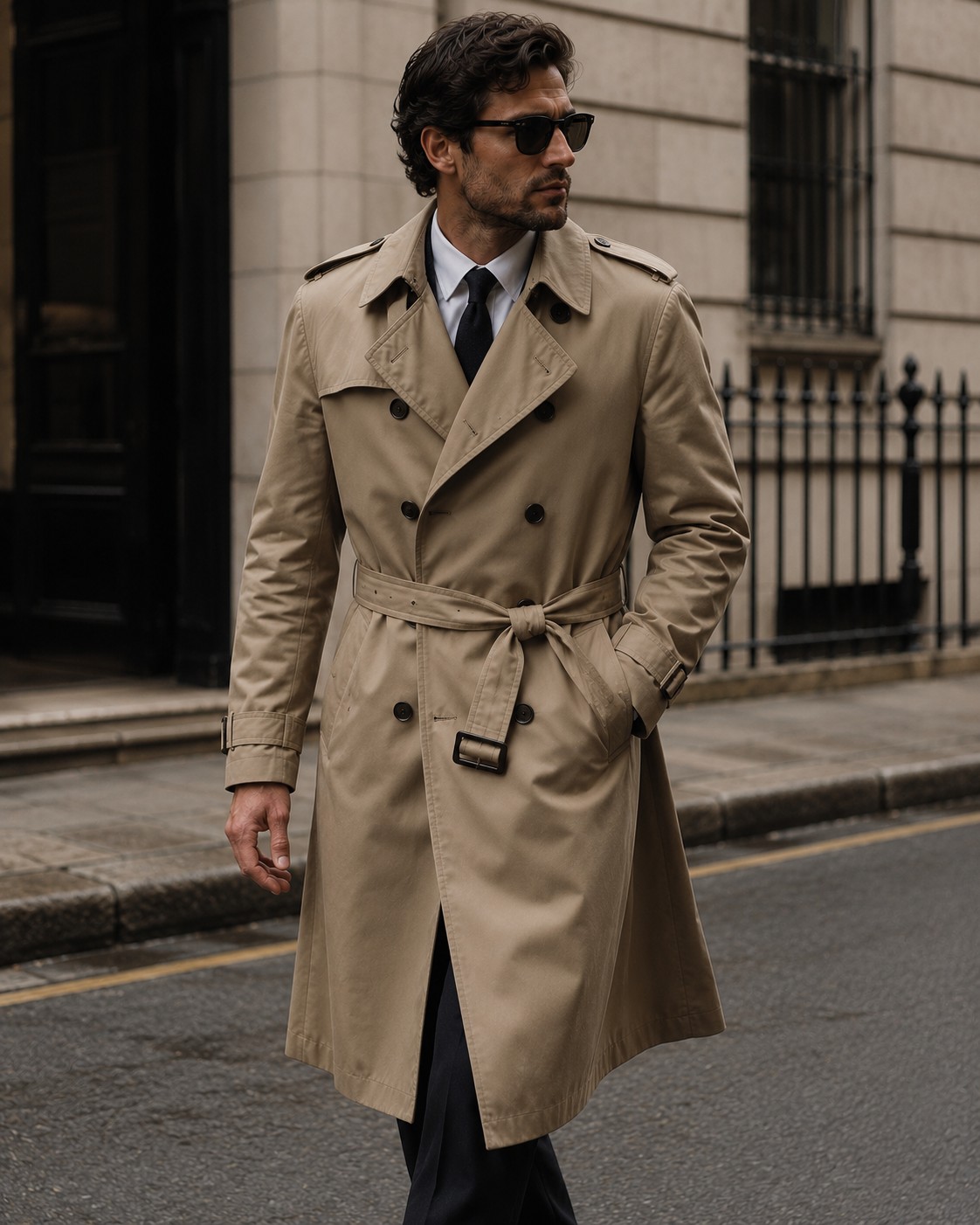 Man wearing a beige trench coat with a white shirt, black tie, and tailored trousers in a classic smart-casual outfit.
