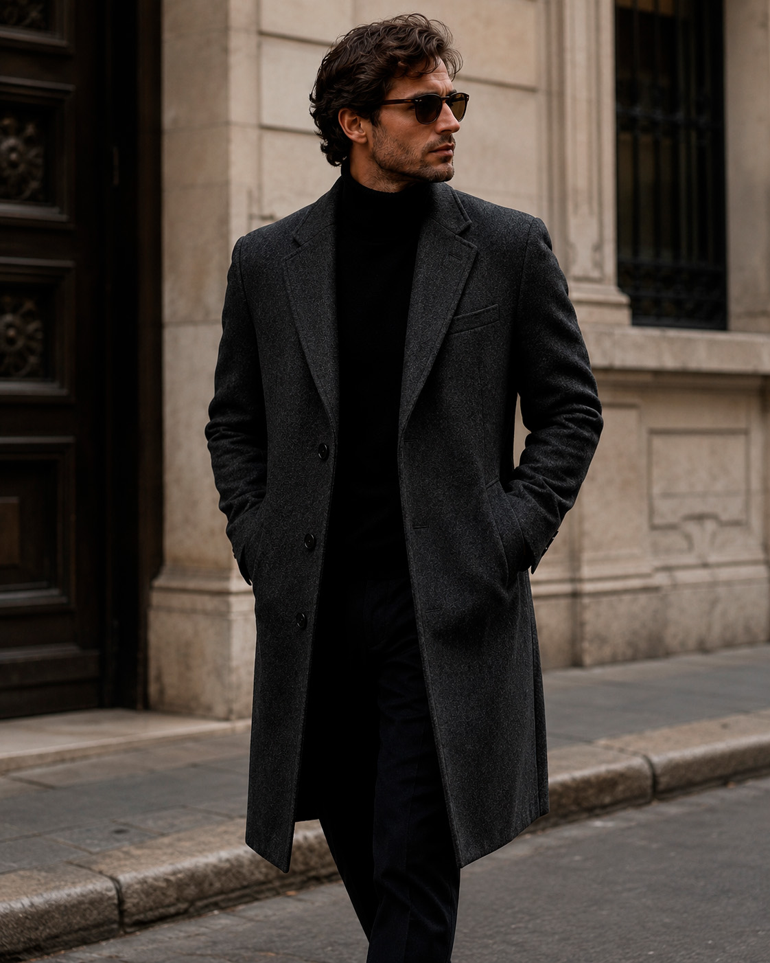 Man wearing a dark charcoal wool overcoat with a black turtleneck and sunglasses in a refined winter outfit.