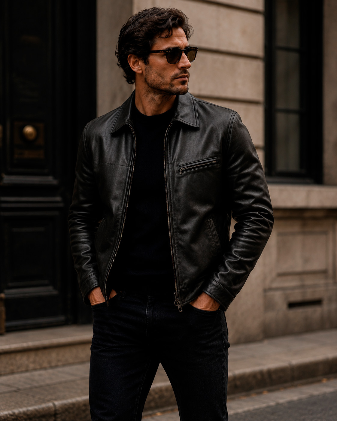 Man wearing a black leather jacket with a black knit sweater and dark jeans in a minimalist outfit.