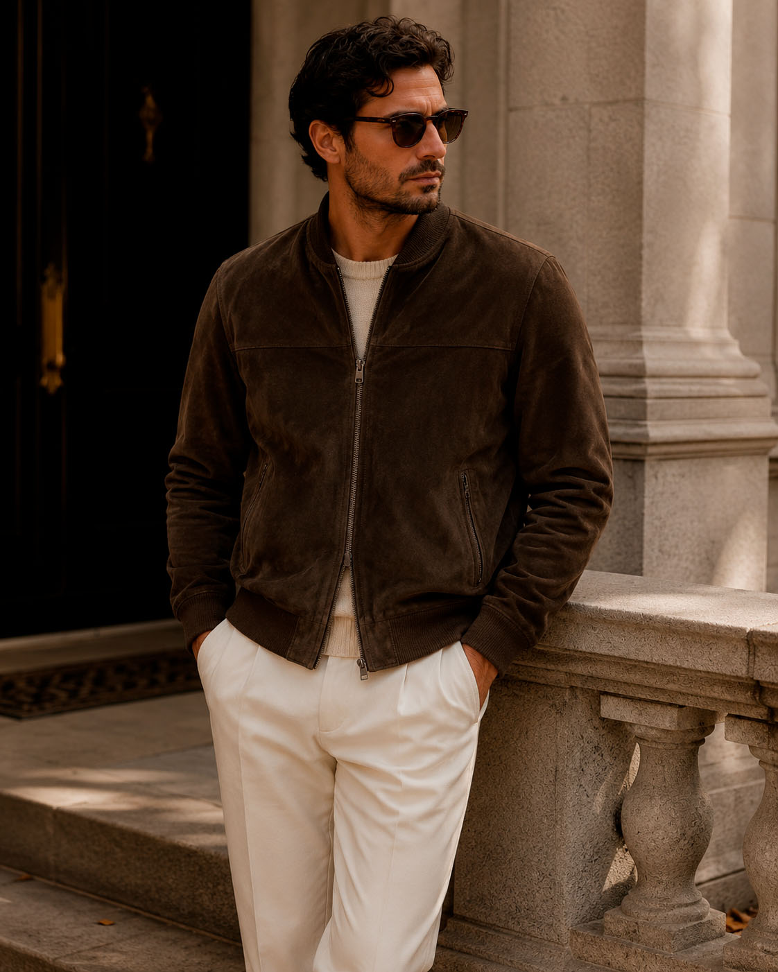Man wearing a brown suede bomber jacket with a cream sweater and white trousers in a timeless casual outfit.