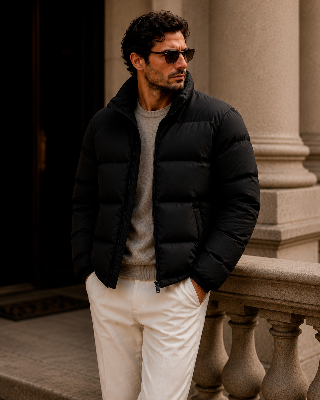 Man wearing a black puffer jacket with a light grey knit sweater and white trousers in a winter outfit.
