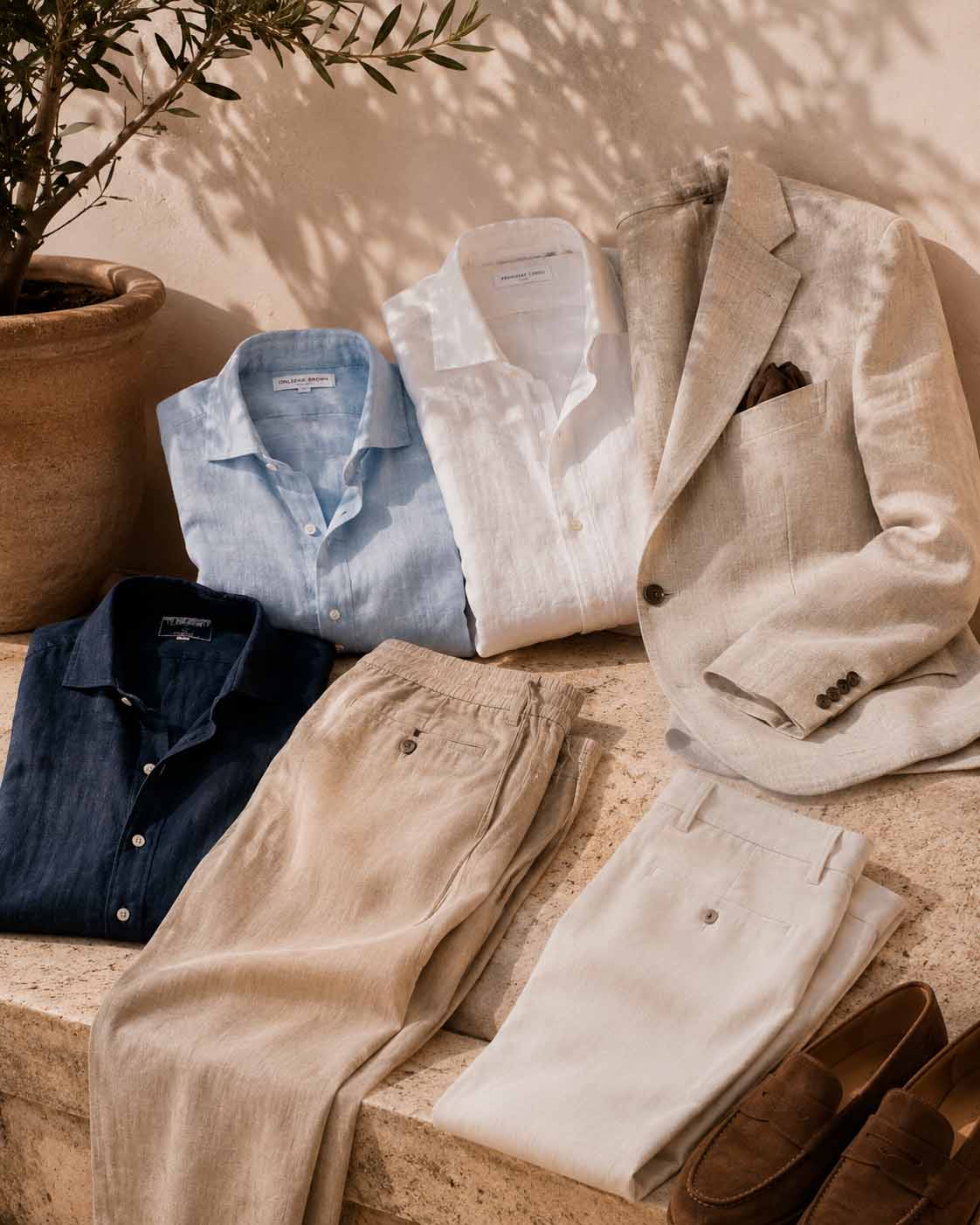 Collection of men's linen clothing including shirts, trousers, a linen blazer, and loafers arranged in a warm-toned editorial flat lay.