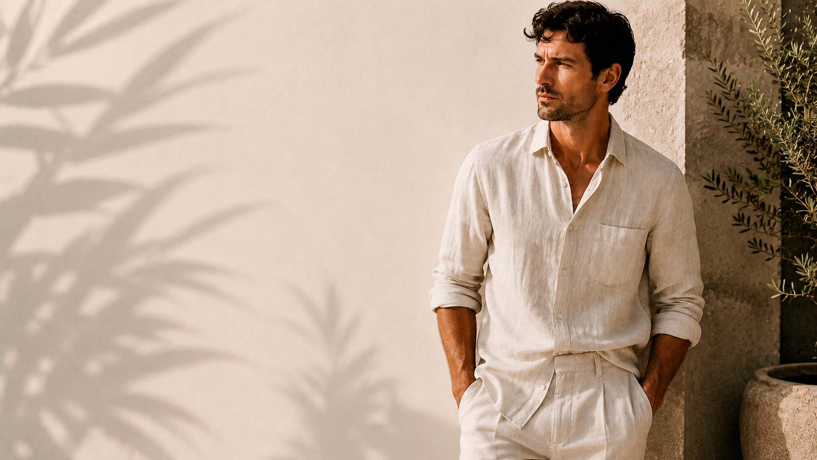 Man wearing a white linen shirt and matching linen trousers in a relaxed summer outfit against a Mediterranean-inspired backdrop.