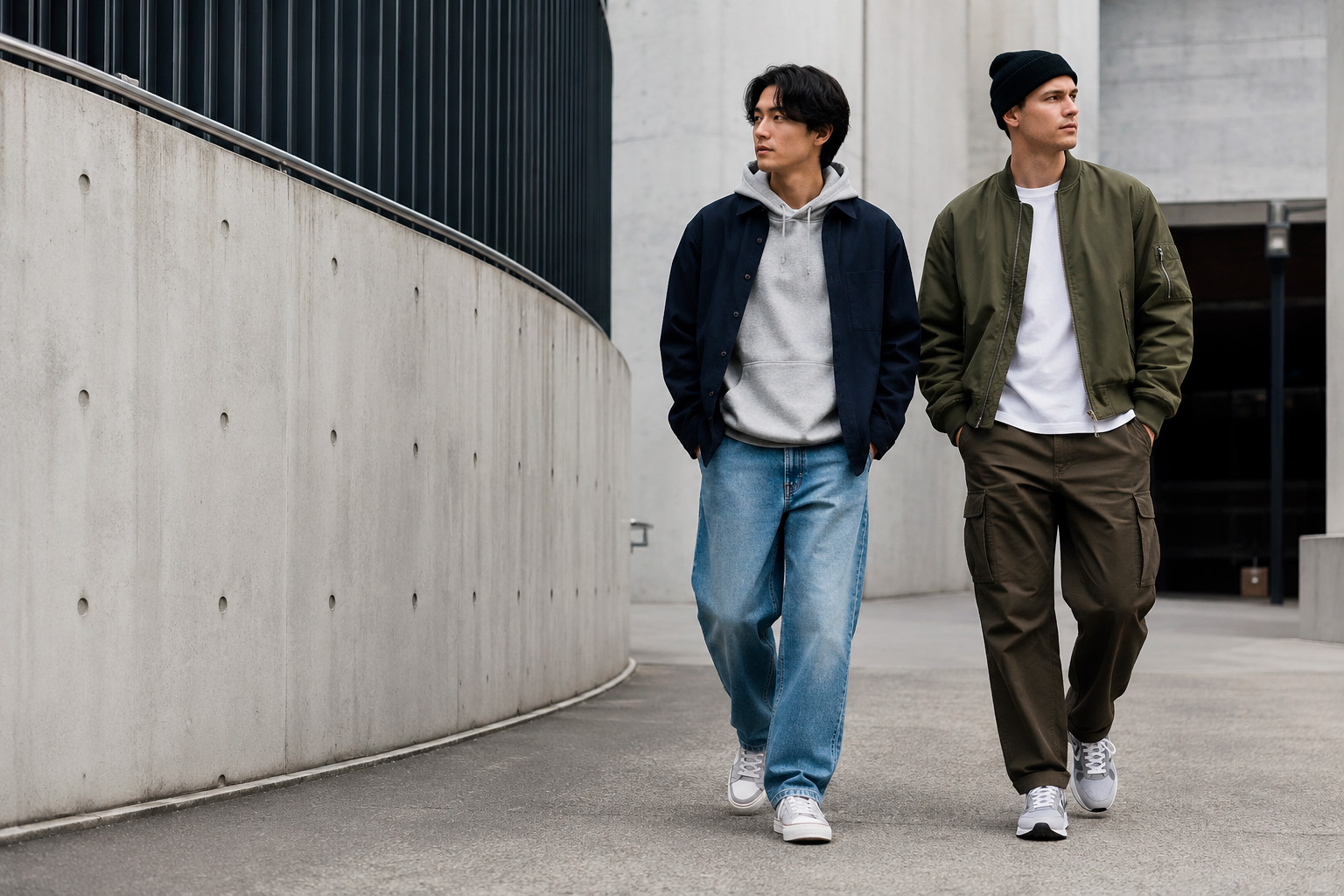 Two men wearing relaxed streetwear capsule outfits with hoodies, jackets, denim, cargo trousers, and sneakers in a modern concrete urban setting.