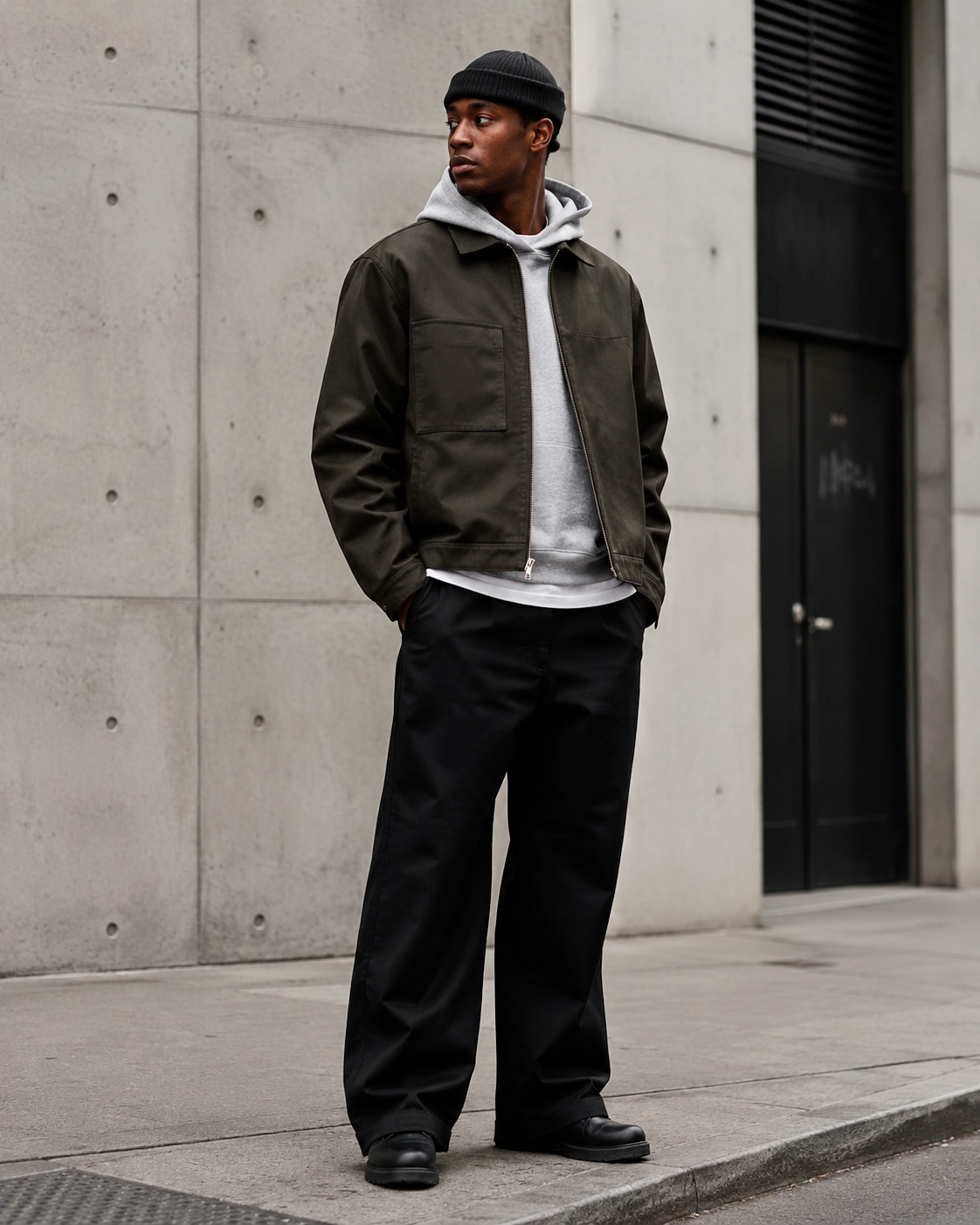 Young man wearing a dark structured work jacket over a grey hoodie with relaxed black trousers in a minimal urban streetwear outfit.
