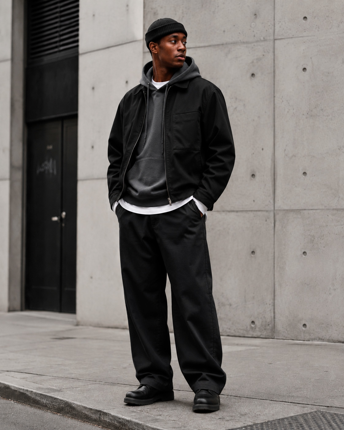 Young man wearing a layered streetwear outfit with a dark jacket, grey hoodie, white T-shirt, and loose black trousers against a concrete city wall.