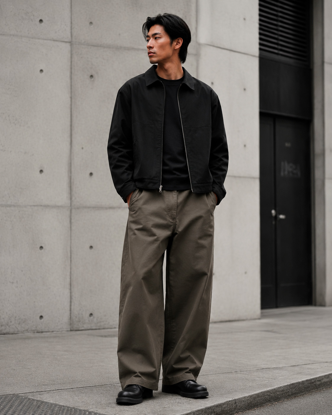 Young man wearing loose olive wide-leg trousers with a black jacket and chunky shoes in a clean urban streetwear look.