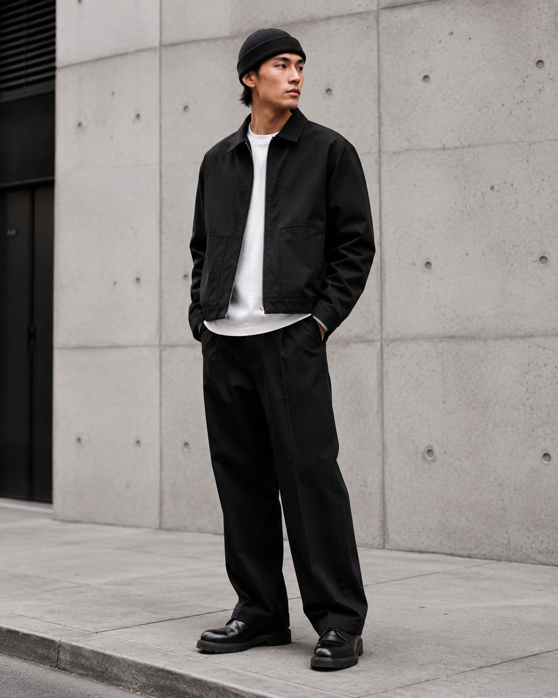 Young man wearing black leather derby-style shoes with wide black trousers, a white T-shirt, and a cropped black jacket in a minimalist streetwear outfit.