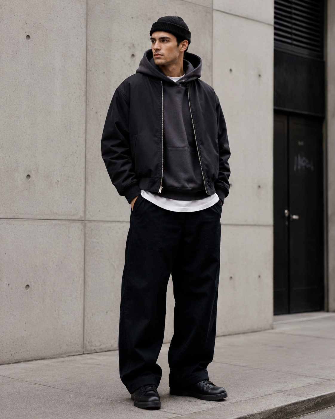 Young man wearing a bold patterned fleece jacket with simple black trousers and sneakers in a balanced statement streetwear outfit.