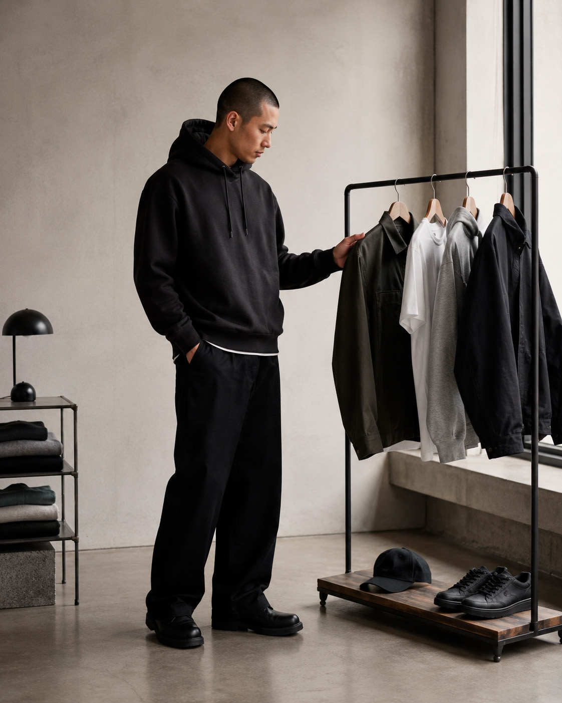 Young man selecting pieces from a small streetwear clothing rack with hoodies, jackets, sneakers, and folded garments in a minimalist room.