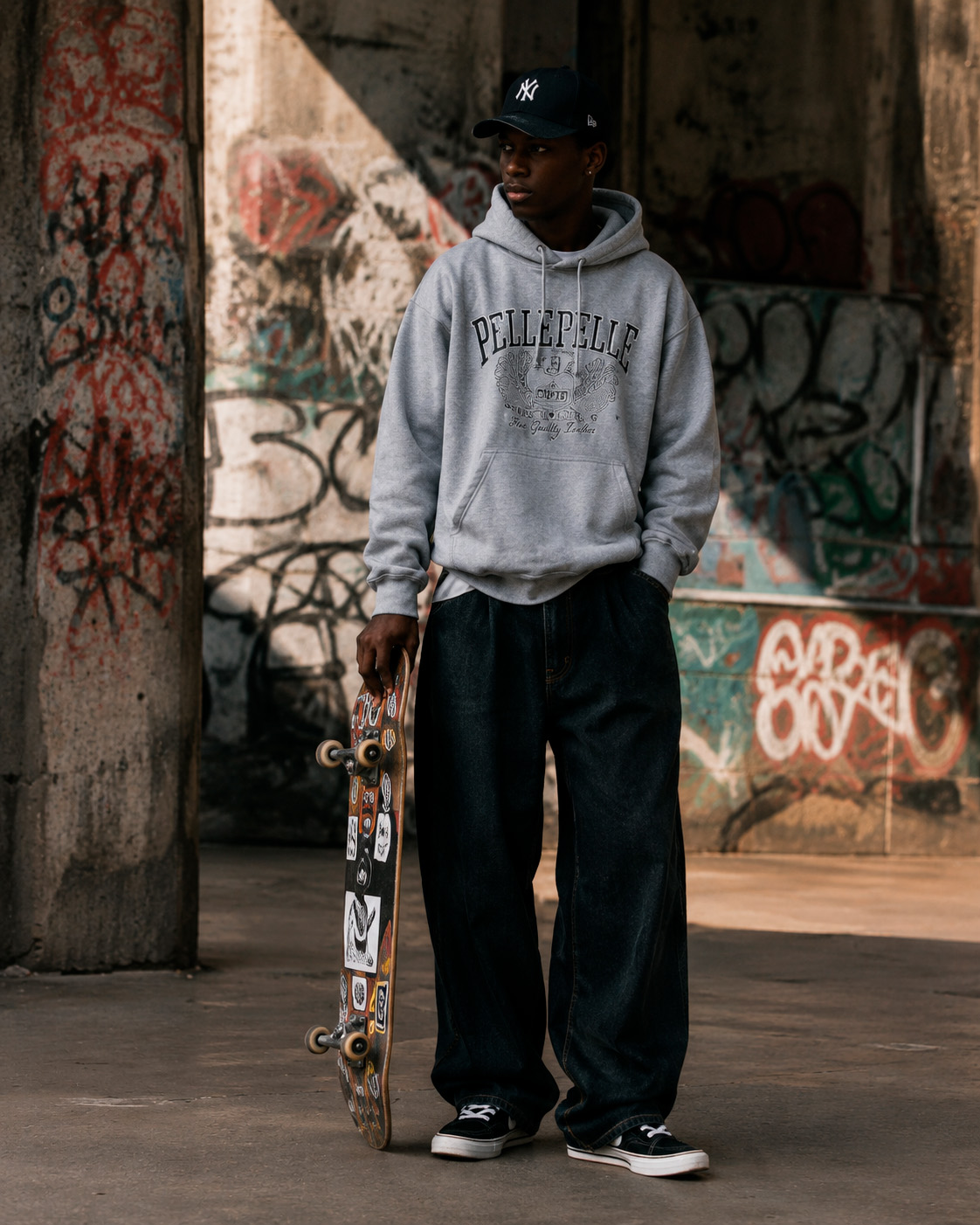 Skate-inspired streetwear outfit with a grey graphic hoodie, baggy jeans, cap, sneakers, and skateboard by a graffiti wall.