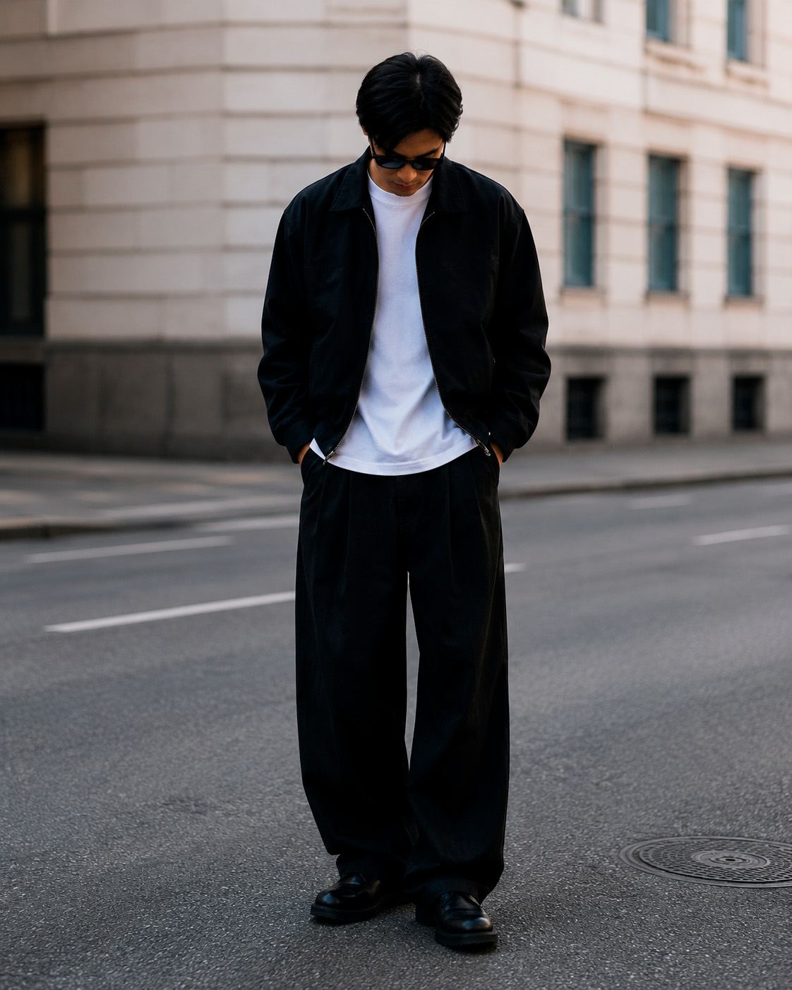 Minimal streetwear outfit with a black jacket, white T-shirt, wide black trousers, sunglasses, and black leather shoes.