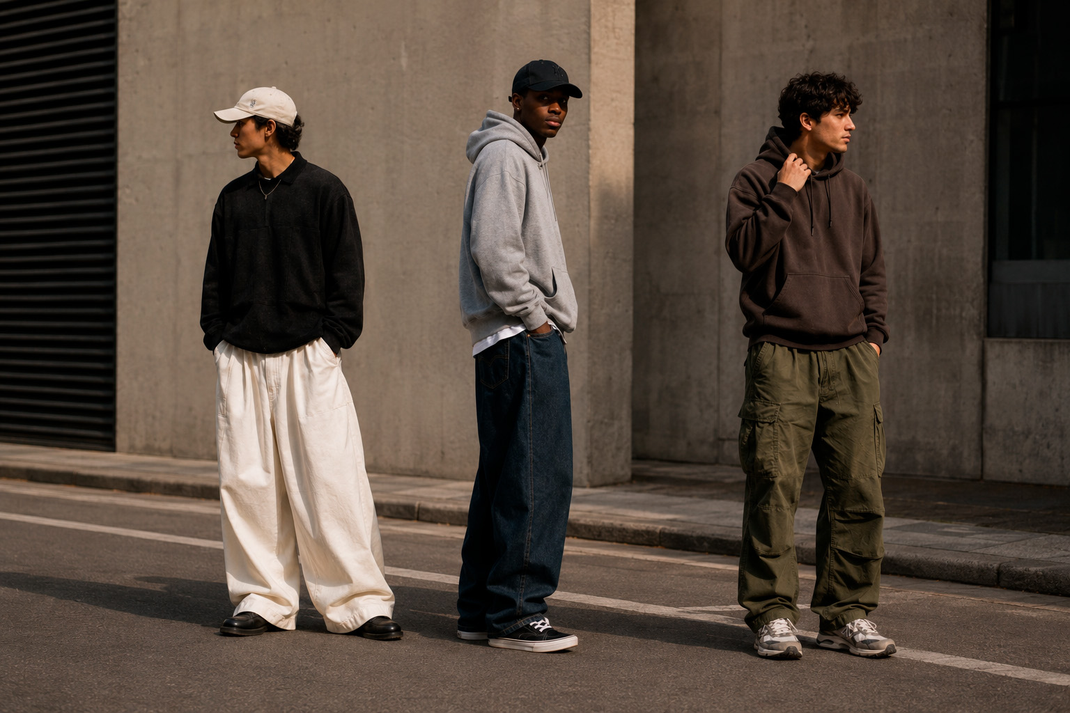 Three men wearing modern streetwear outfits with wide trousers, hoodies, caps, sneakers, and leather shoes on an urban street.
