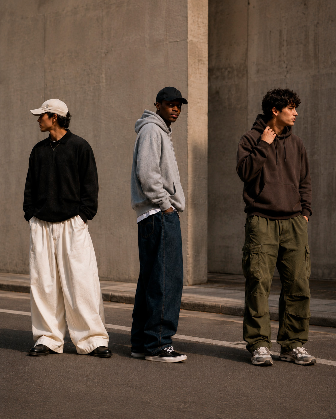 Three men wearing modern streetwear outfits with wide trousers, hoodies, caps, sneakers, and leather shoes on an urban street.