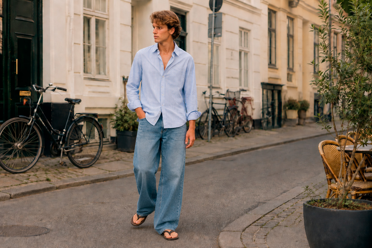 Young man in a light blue striped shirt, relaxed washed jeans, and flip-flops walking down a quiet Copenhagen street with bicycles and cafe seating.