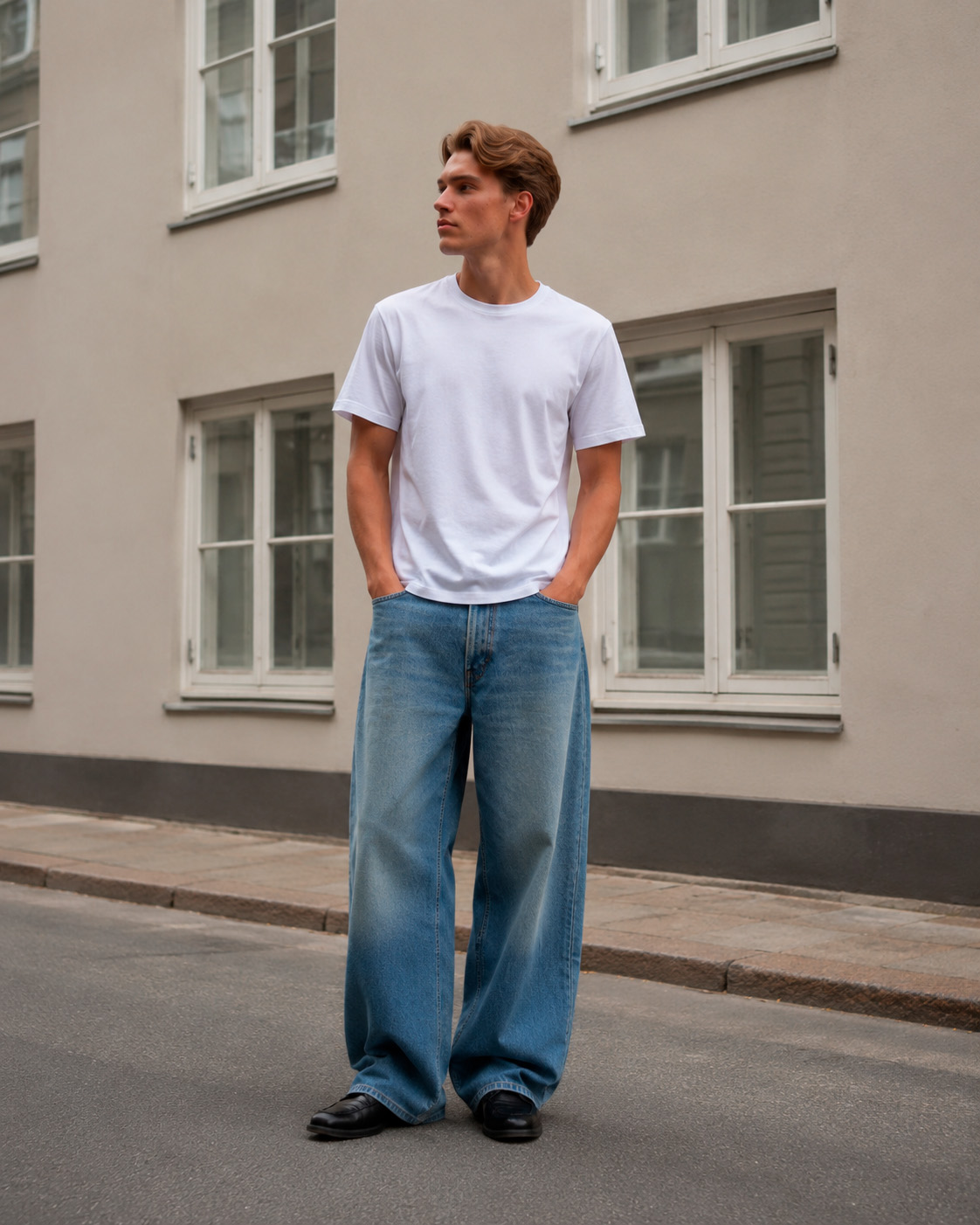 Young man in an off-white T-shirt, extra-wide washed blue jeans, and black leather shoes on a minimal Copenhagen street.