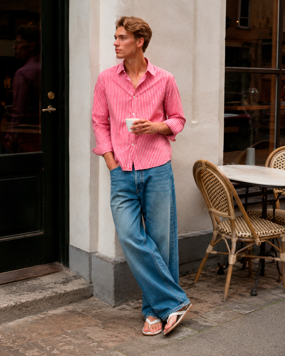 Young man in a green striped shirt, loose jeans, tan suede shoes, and sunglasses holding coffee outside a Copenhagen cafe.