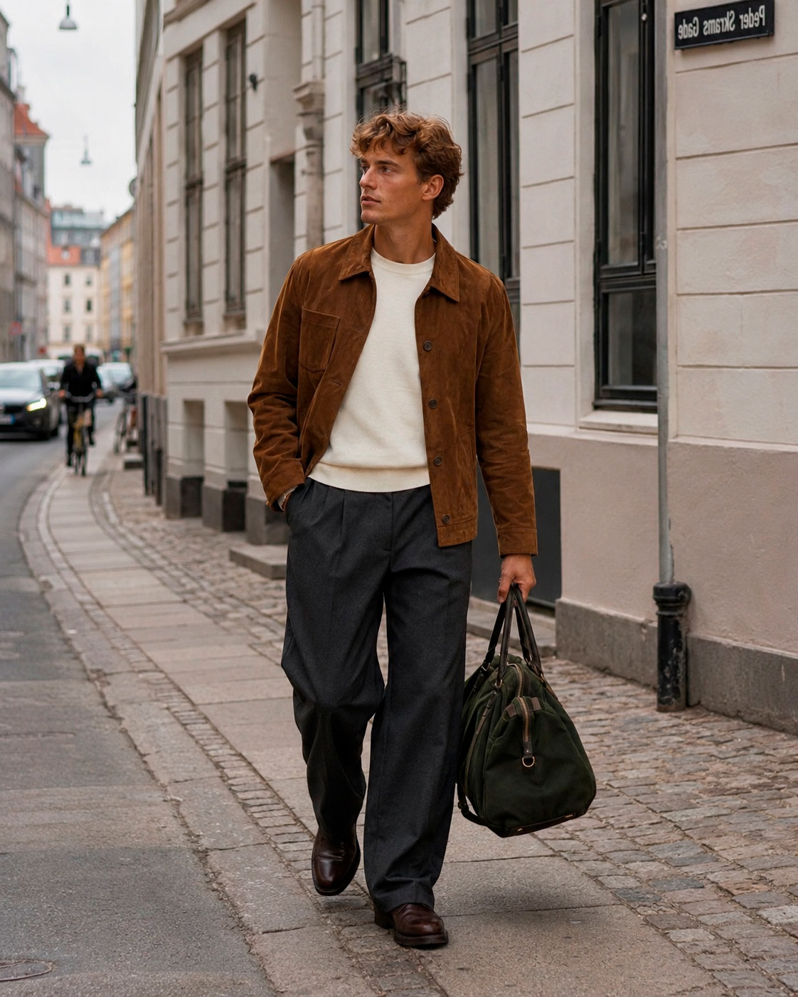 Young man walking in a tobacco suede jacket, ecru knit, charcoal wide trousers, leather shoes, and a dark green weekender bag.