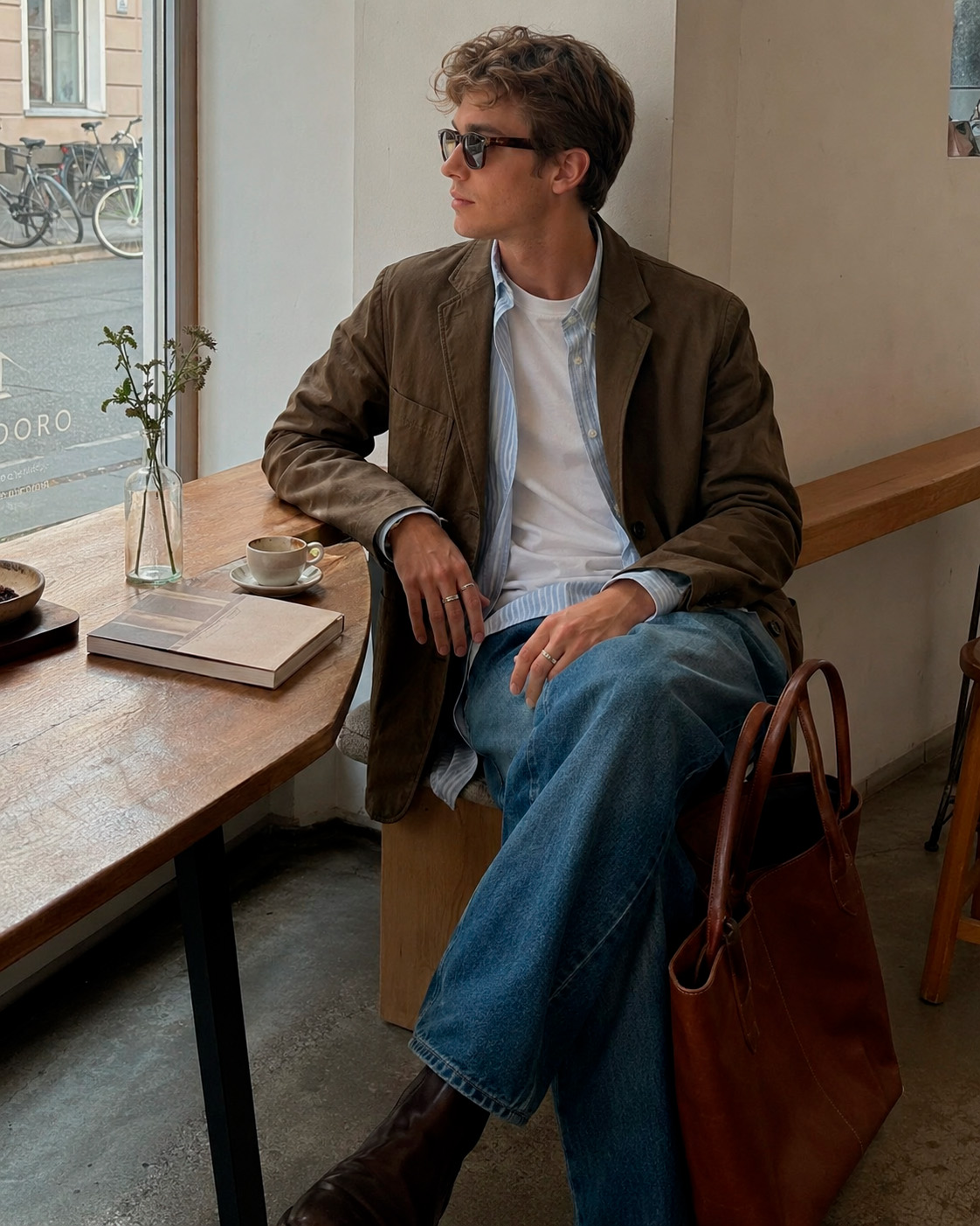 Young man seated in a Copenhagen cafe wearing sunglasses, a casual olive blazer, striped shirt, relaxed jeans, rings, and a leather tote bag.