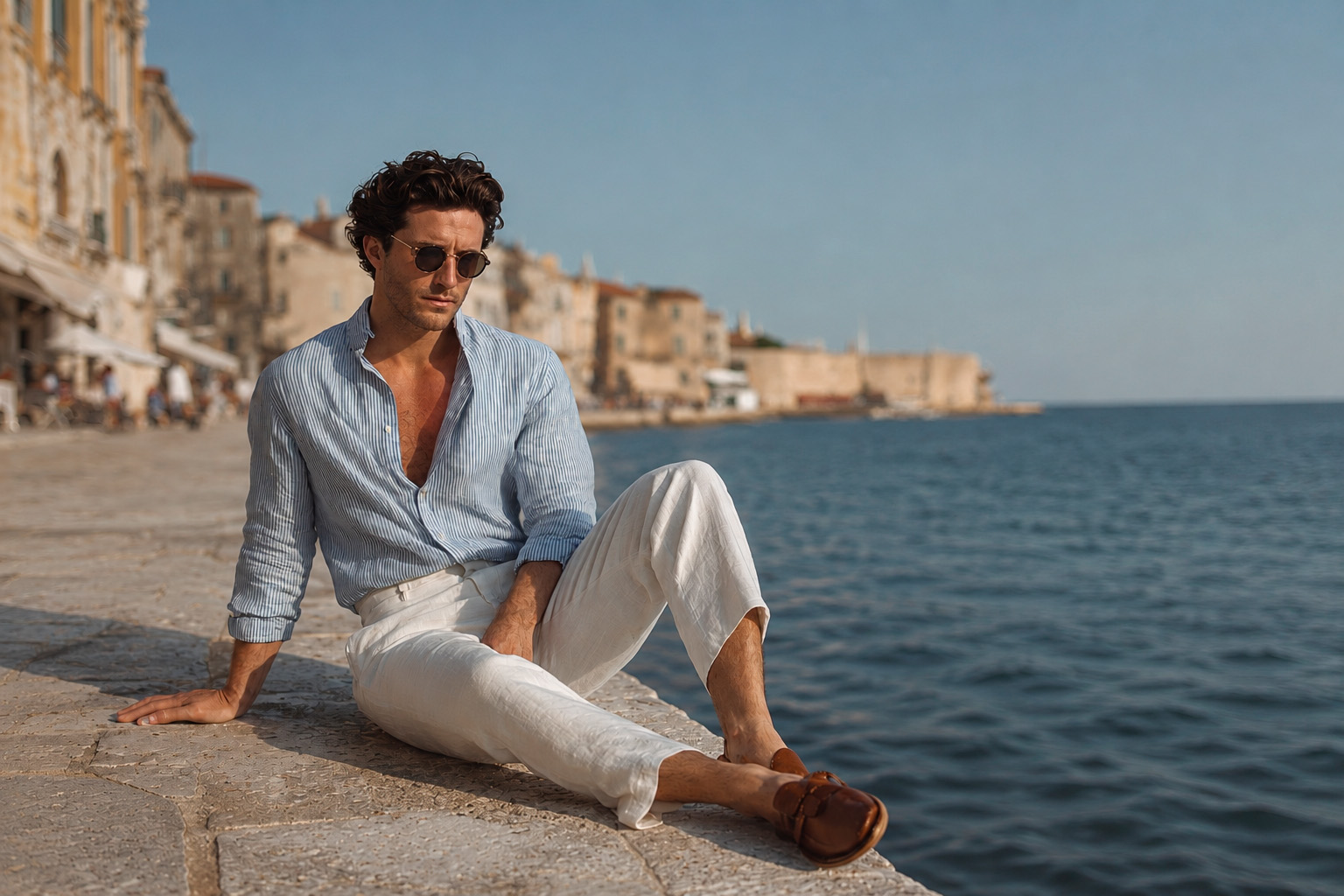 Man wearing a blue striped linen shirt, white linen trousers, and brown leather sandals while sitting by the Mediterranean waterfront.