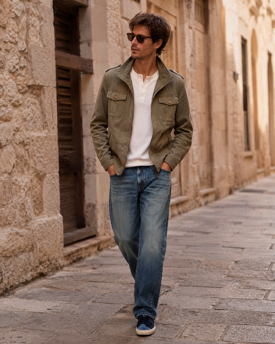 Man wearing an olive utility overshirt with washed blue jeans styled in a relaxed Grisch Style summer outfit.