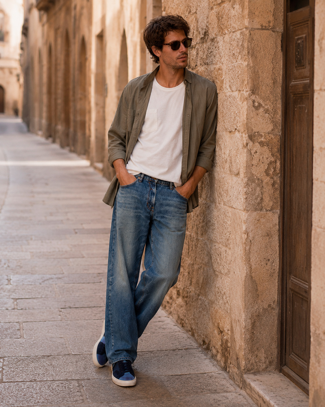 Relaxed Grisch Style outfit featuring washed blue jeans, a lightweight overshirt, and retro sneakers for summer.