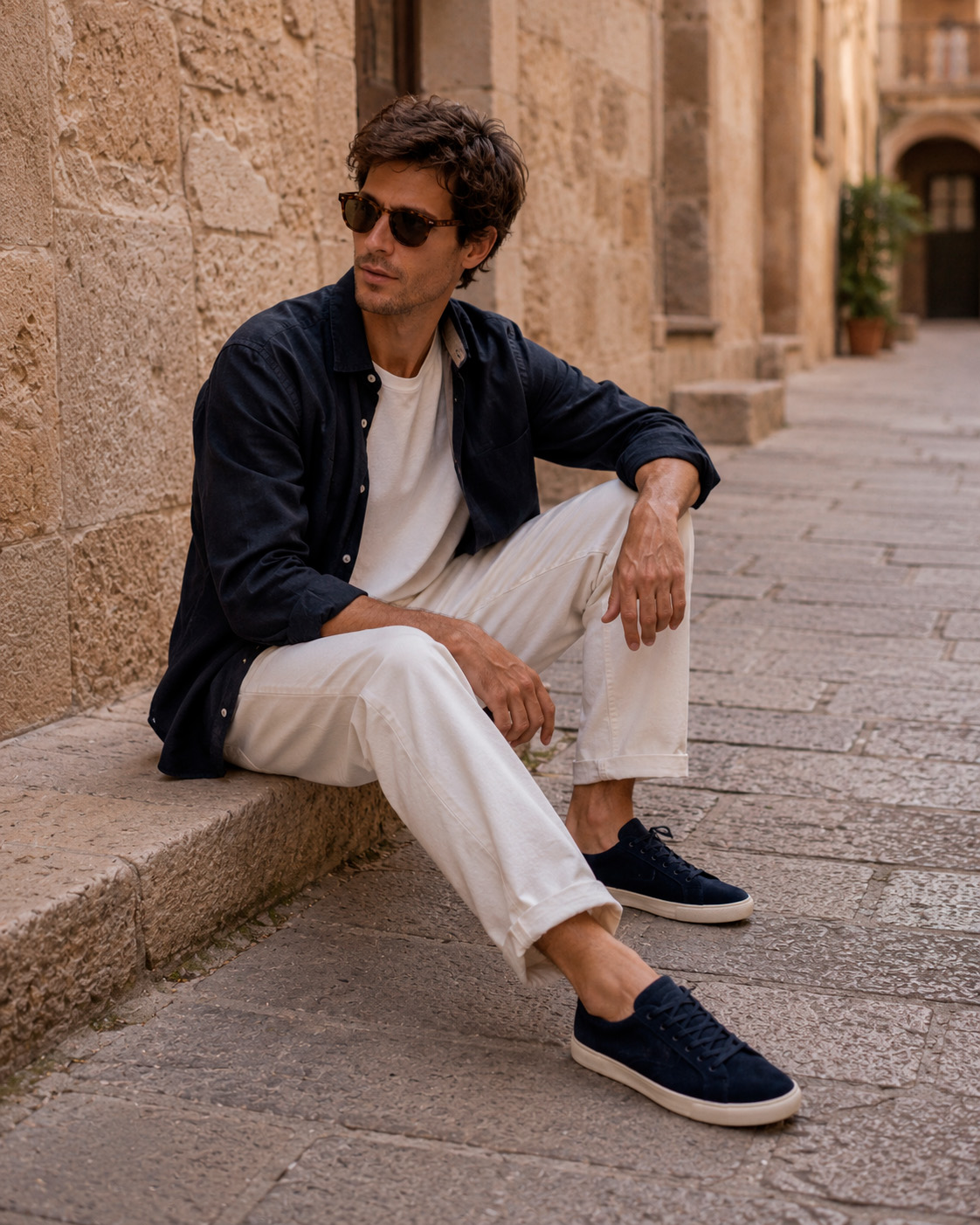 Man wearing navy retro sneakers with a relaxed summer outfit inspired by Grisch Style.