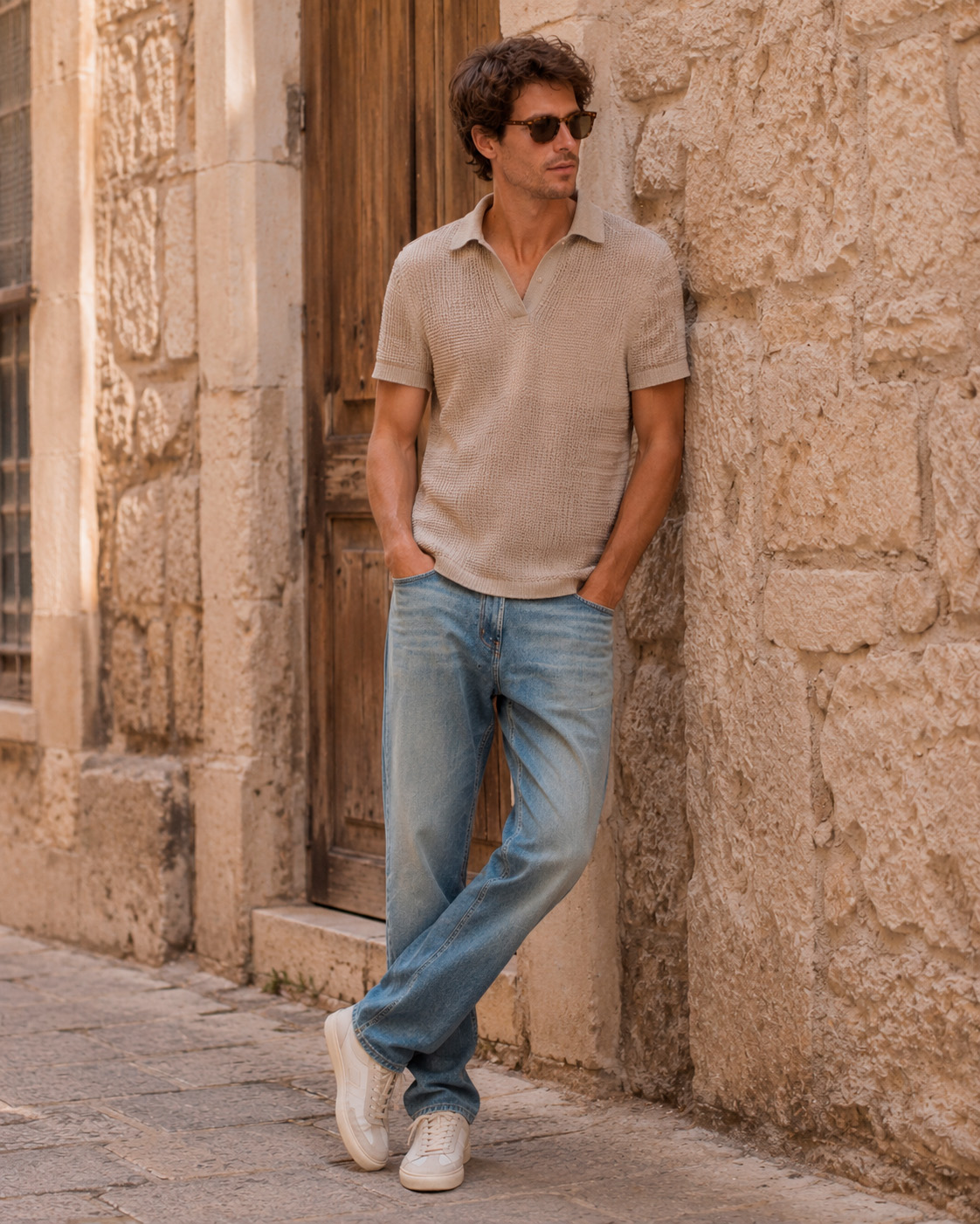 Textured knit polo paired with washed blue jeans in a modern Grisch Style summer outfit.