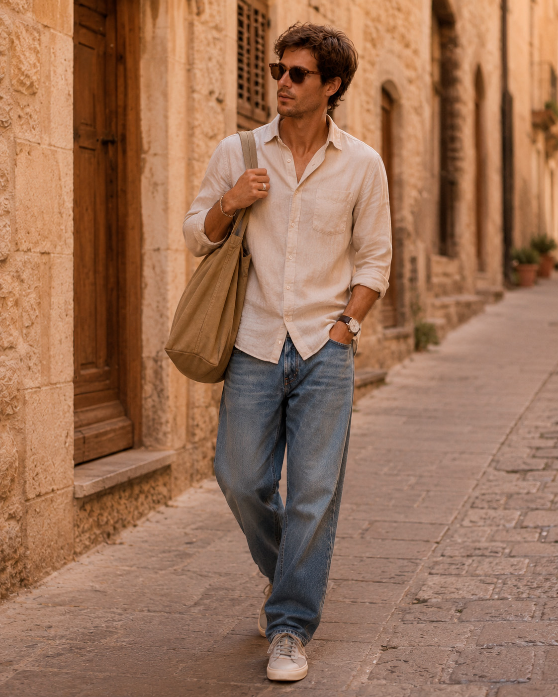 Relaxed Grisch Style summer outfit finished with sunglasses, a canvas tote bag, and understated accessories.