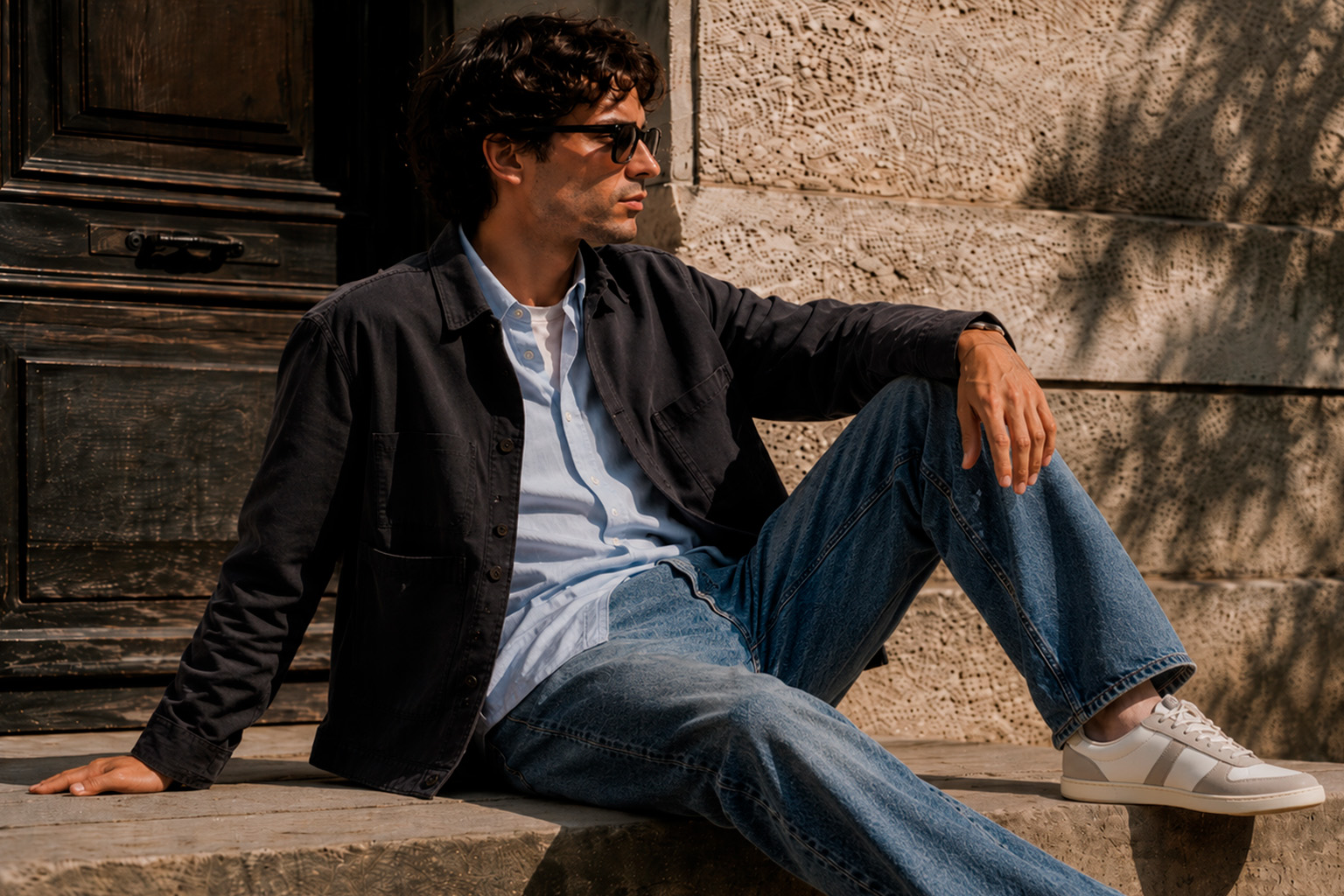 Man wearing a dark chore jacket, washed blue jeans, and white sneakers in a relaxed Grisch Style summer outfit while sitting on stone steps in warm afternoon sunlight.