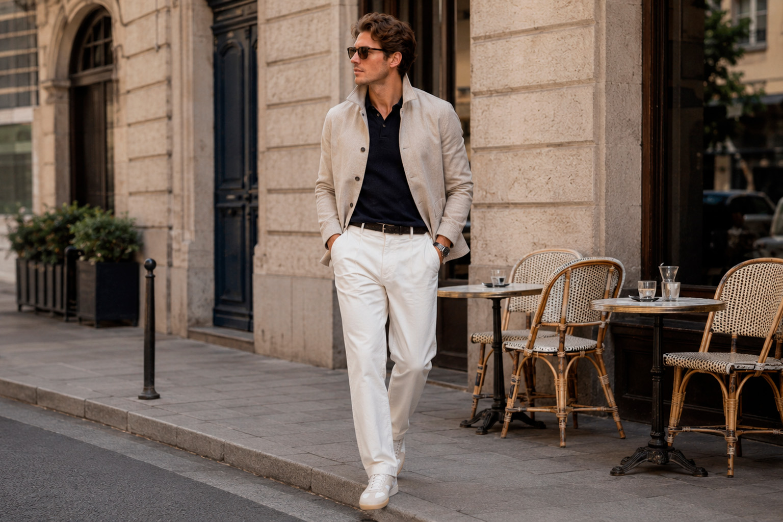 Man wearing a beige jacket, navy knit polo, cream trousers, and white sneakers outside a European café in a relaxed Grisch style outfit.