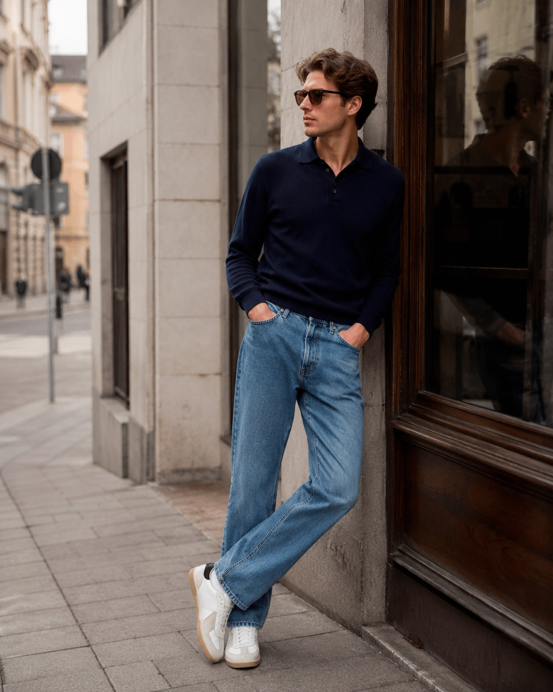 Man wearing a navy knit polo, straight-leg blue jeans, and white sneakers in a relaxed Grisch style outfit.