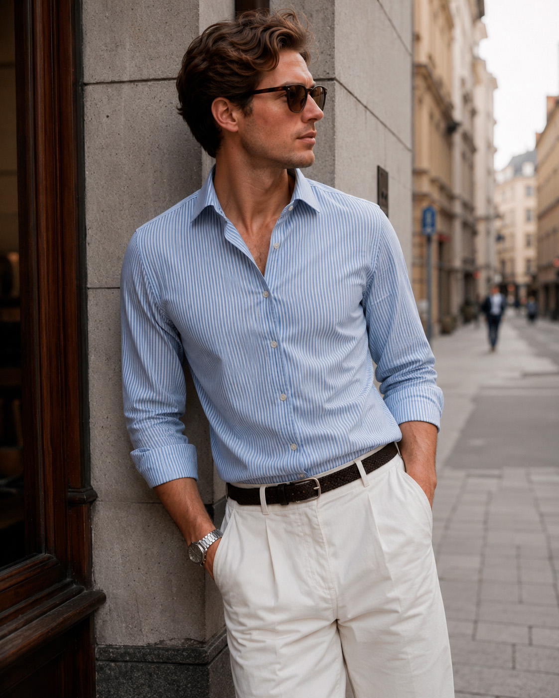 Man wearing a blue striped shirt with cream trousers and sunglasses in a clean Scandinavian-inspired Grisch outfit.